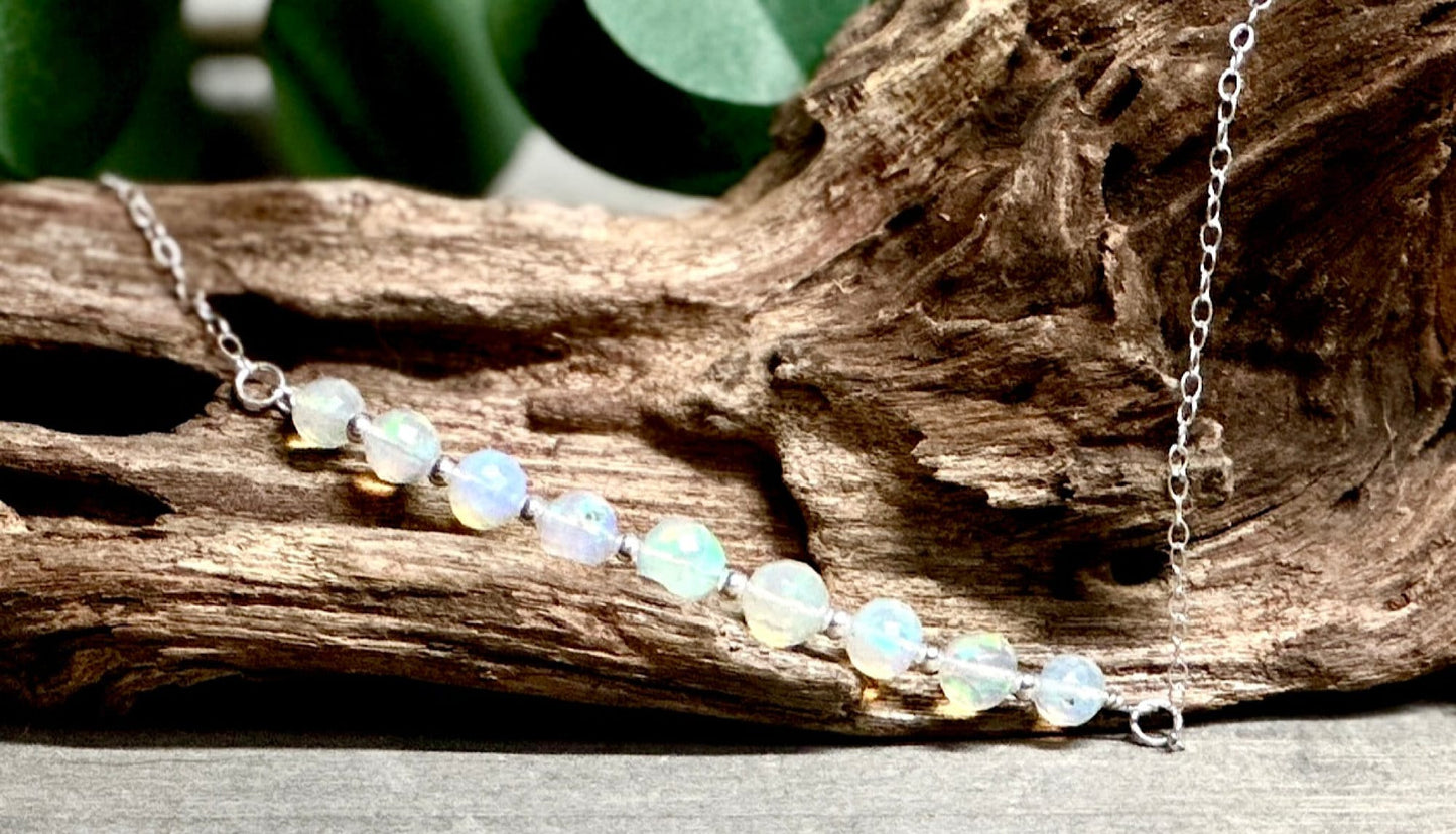 Opal and Sterling Silver Bar Pendant Necklace-Ethiopian Round Faceted 3-5mm Beads-Christmas gift for her, Valentines, Spiritual Healing