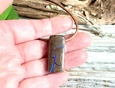 Boulder Opal Pendant Necklace-Unisex-Genuine Distressed Brown Leather Strap