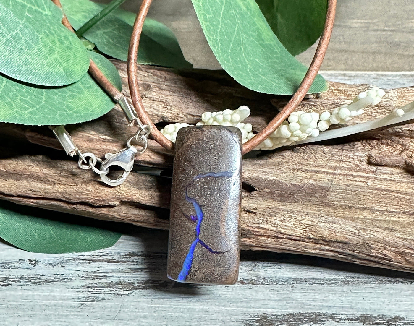 Boulder Opal Pendant Necklace-Unisex-Genuine Distressed Brown Leather Strap