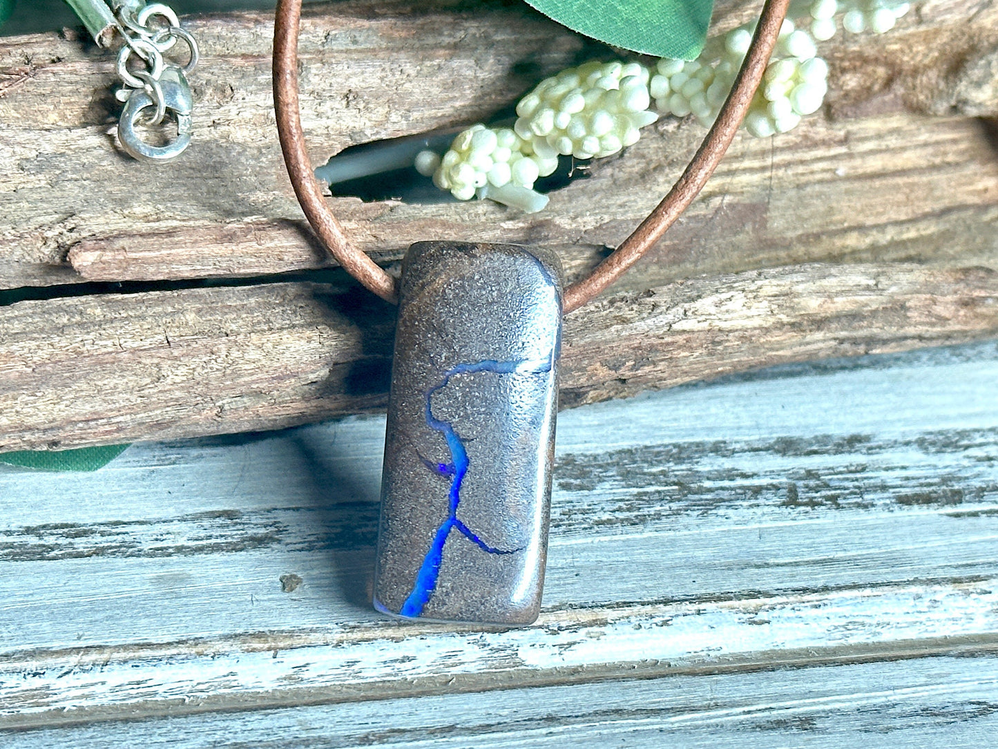 Boulder Opal Pendant Necklace-Unisex-Genuine Distressed Brown Leather Strap