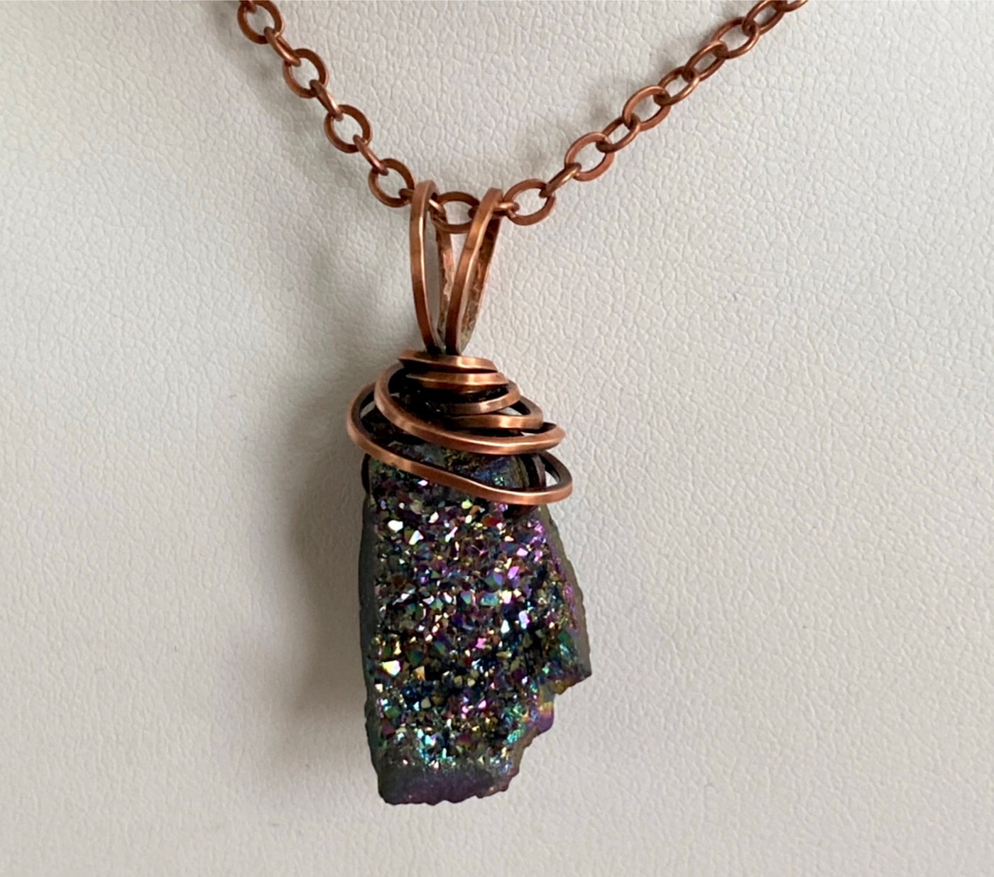 Electroplated Crystal Druzy and Solid Copper Necklace-Hand Crafted-Healing Wrapped Oxydized 99.99% Solid Copper, Recycled Materials-Unisex