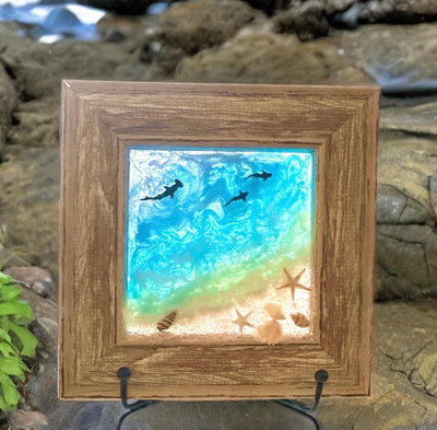 6x6" Mini Beach Art Wood Framed Mixed Media Wall Hanging-Tabletop Decor-Coastal Resin-Hand Crafted Nautical Sunset Picture-Holiday Ornament