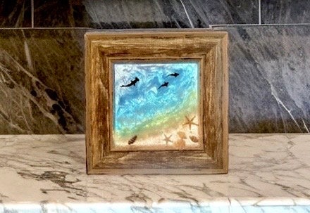 6x6" Mini Beach Art Wood Framed Mixed Media Wall Hanging-Tabletop Decor-Coastal Resin-Hand Crafted Nautical Sunset Picture-Holiday Ornament