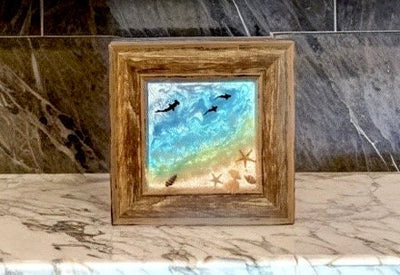 6x6" Mini Beach Art Wood Framed Mixed Media Wall Hanging-Tabletop Decor-Coastal Resin-Hand Crafted Nautical Sunset Picture-Holiday Ornament