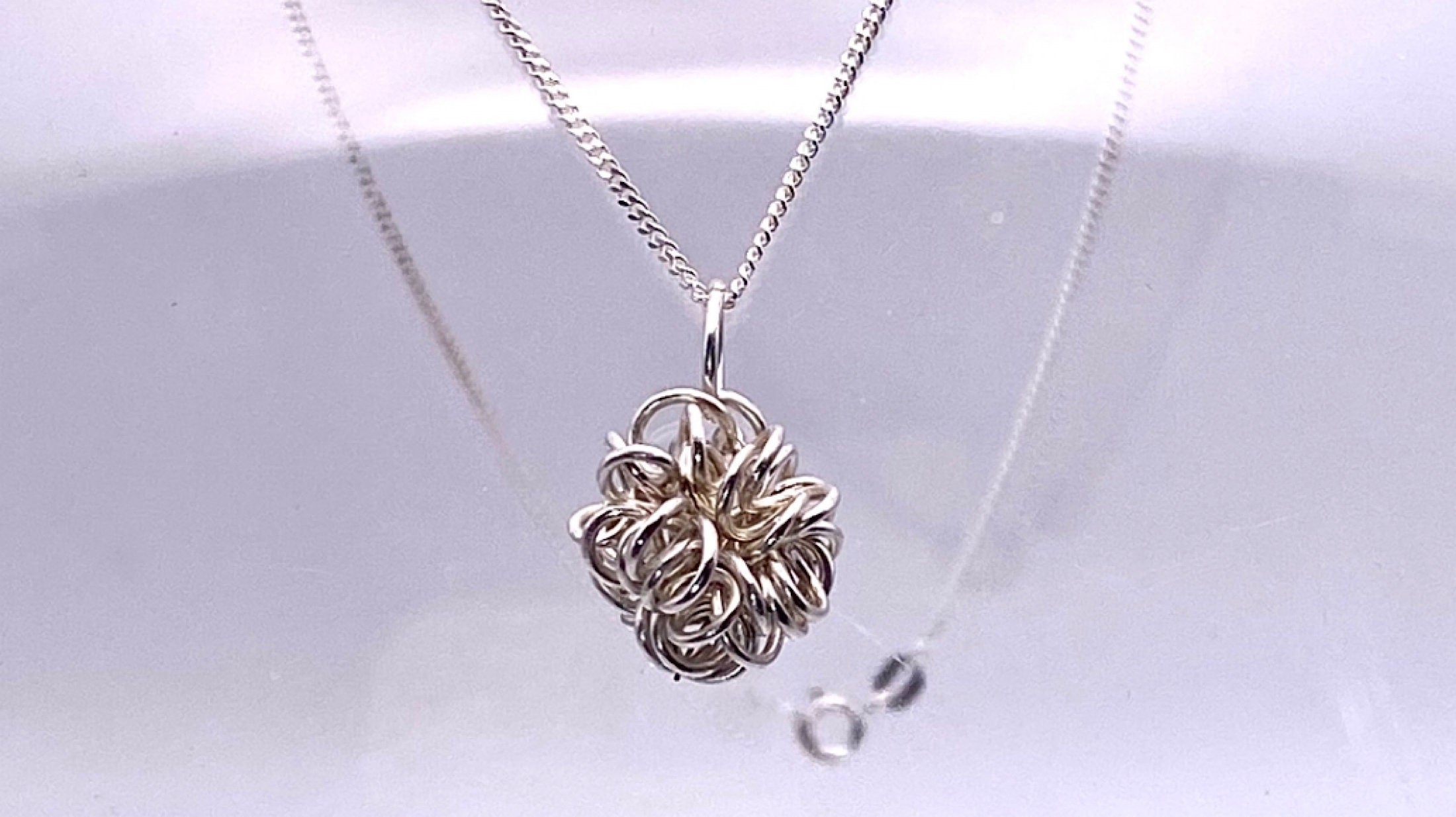 Tangled, Twisted Coiled Confetti Wire Ball .925, Necklace-Argentium Silver (Sterling Silver +)-Minimalist BoHo Trendy Style Pendant