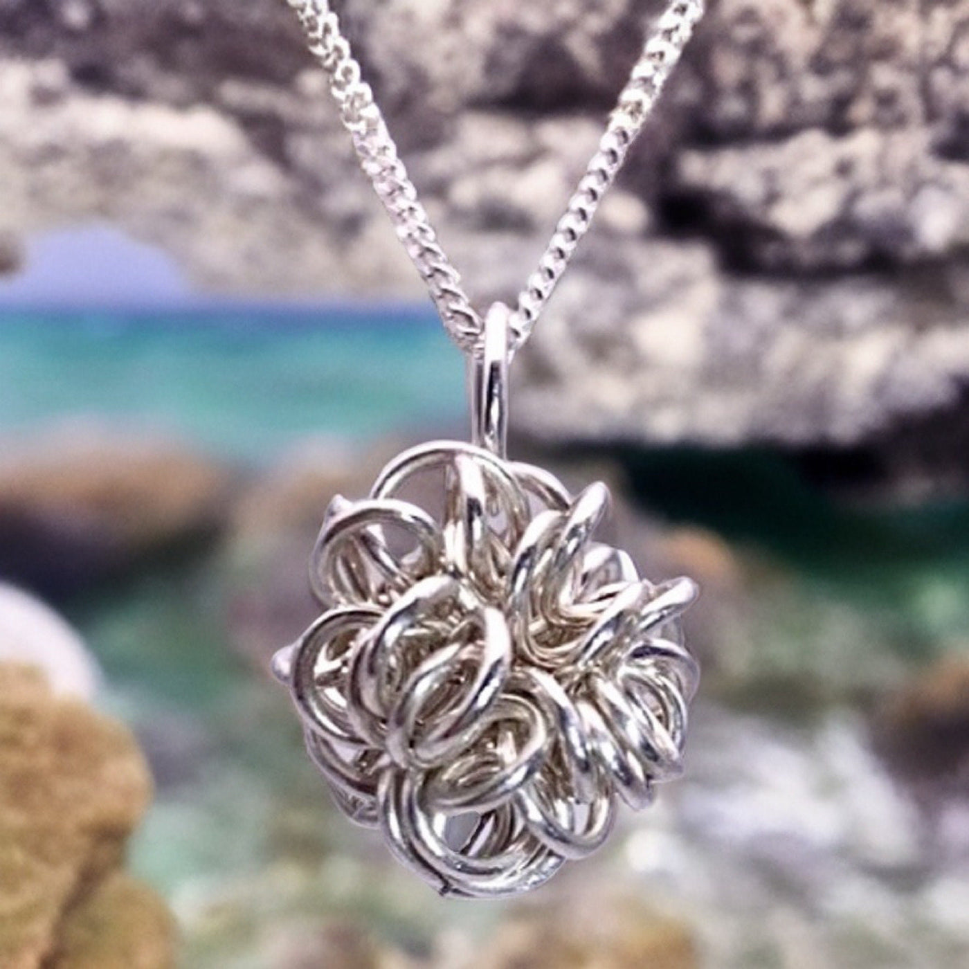 Tangled, Twisted Coiled Confetti Wire Ball .925, Necklace-Argentium Silver (Sterling Silver +)-Minimalist BoHo Trendy Style Pendant