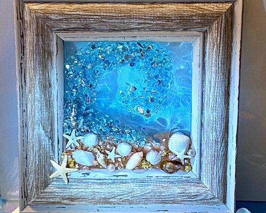 Small 6x6” Framed Crushed Glass Beach Wave Picture-Mixed Media Art-Coastal Art