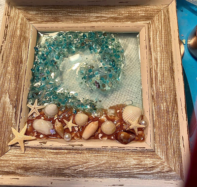 Small 6x6” Framed Crushed Glass Beach Wave Picture-Mixed Media Art-Coastal Art