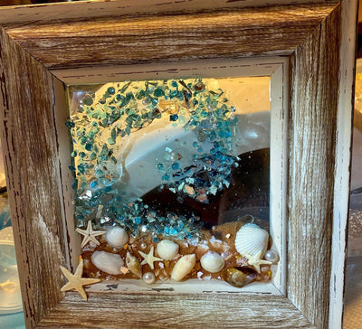 Small 6x6” Framed Crushed Glass Beach Wave Picture-Mixed Media Art-Coastal Art