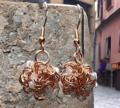 Raw Solid Copper & Moonstone Dangle Earrings-Tangled Coiled Balls-Twisted Balled Minimalist BoHo Style-Handmade in the USA