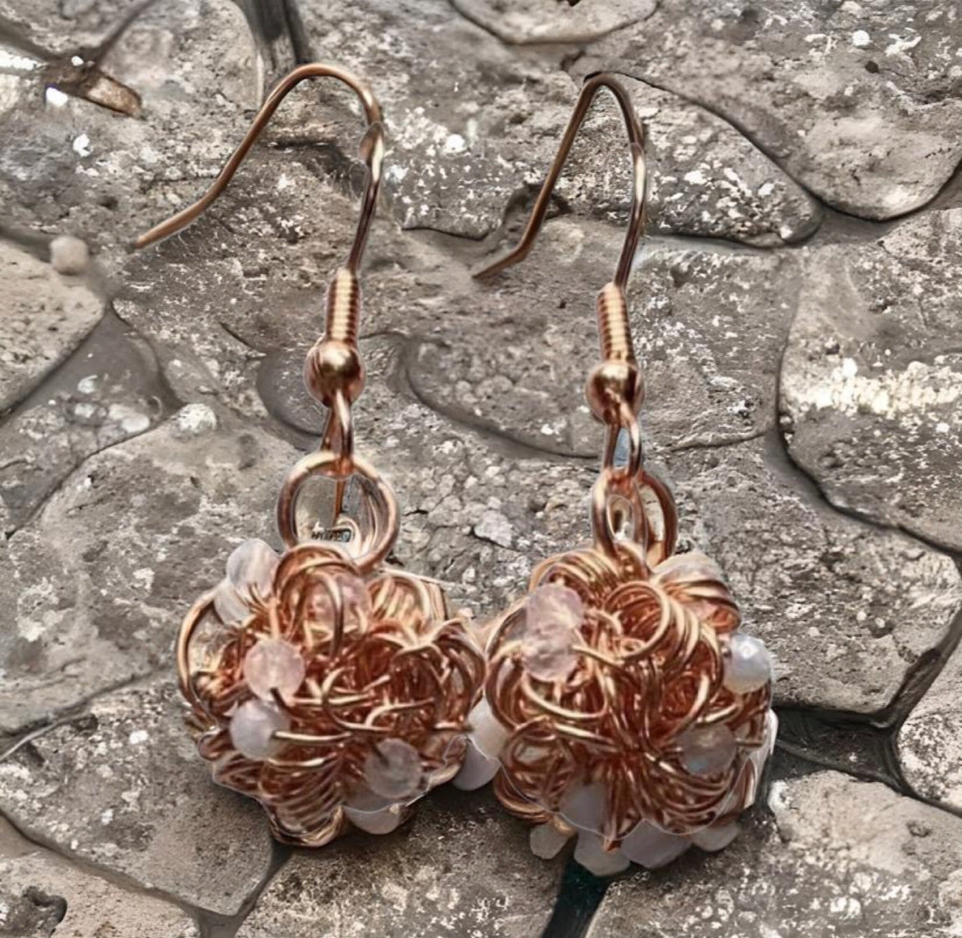 Raw Solid Copper & Moonstone Dangle Earrings-Tangled Coiled Balls-Twisted Balled Minimalist BoHo Style-Handmade in the USA