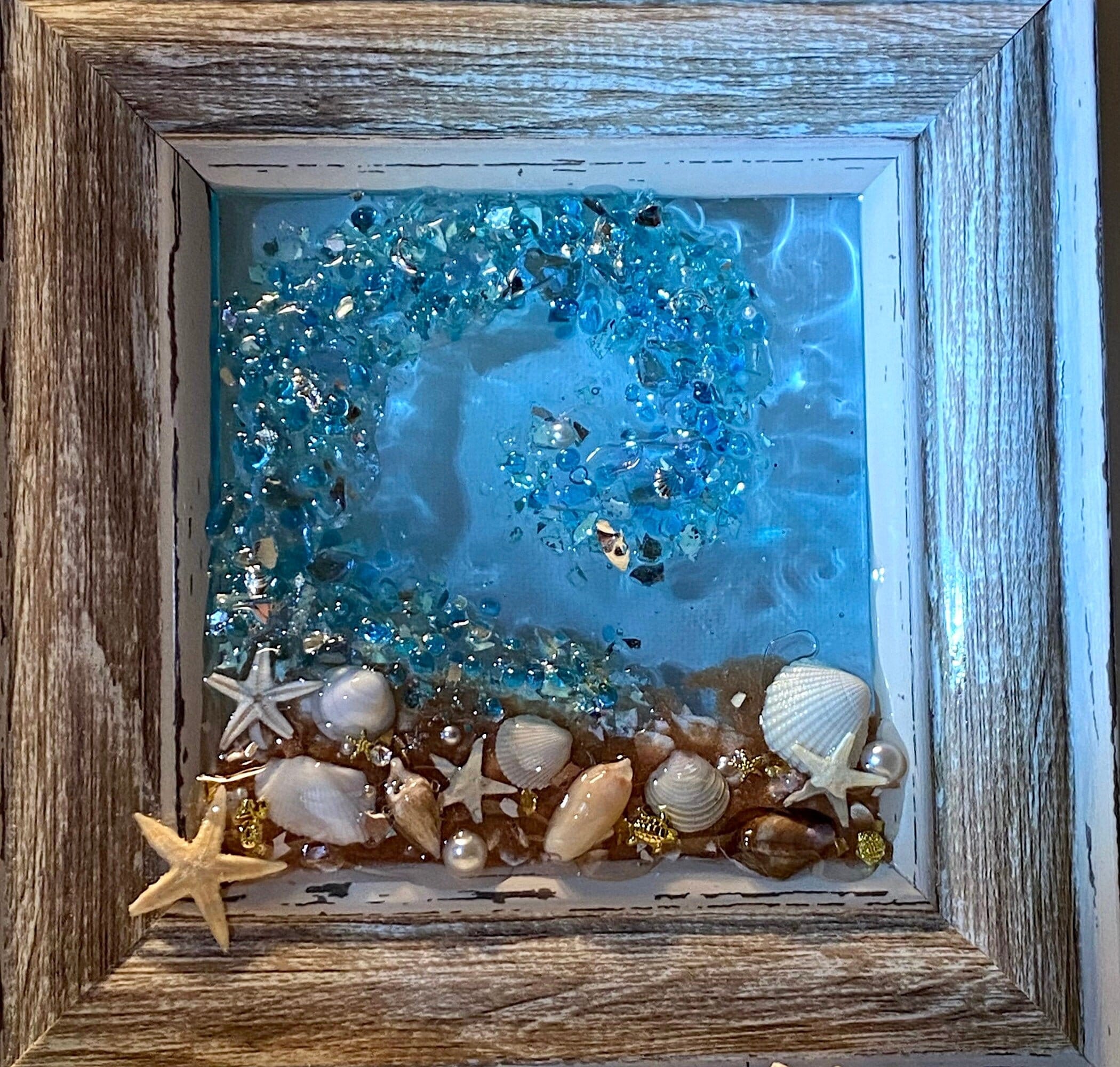 Small 6x6” Framed Crushed Glass Beach Wave Picture-Mixed Media Art-Coastal Art