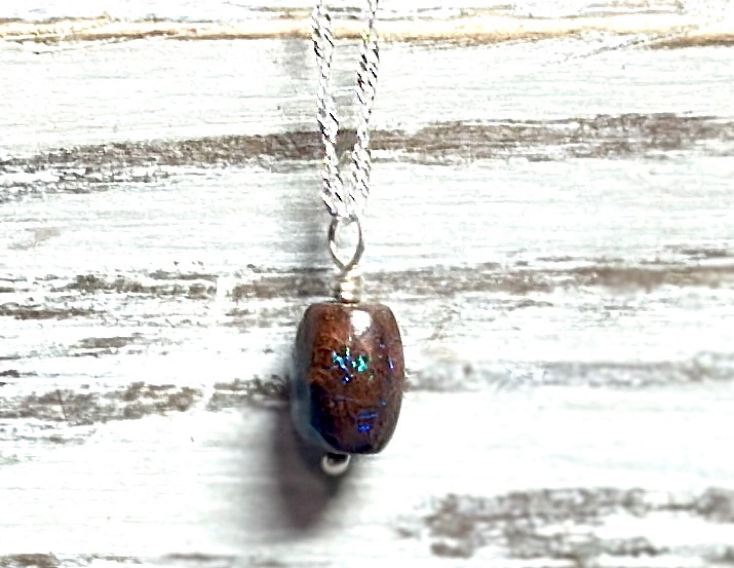 Colorful Genuine Boulder Opal Barrel Bead Minimalist Pendant Necklace, Sparkling  11.2x8.4mm Sterling Silver Chain and Opal