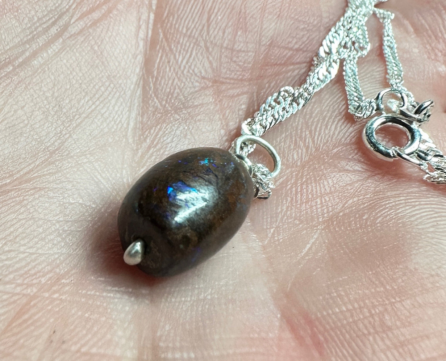 Colorful Genuine Boulder Opal Barrel Bead Minimalist Pendant Necklace, Sparkling  11.2x8.4mm Sterling Silver Chain and Opal