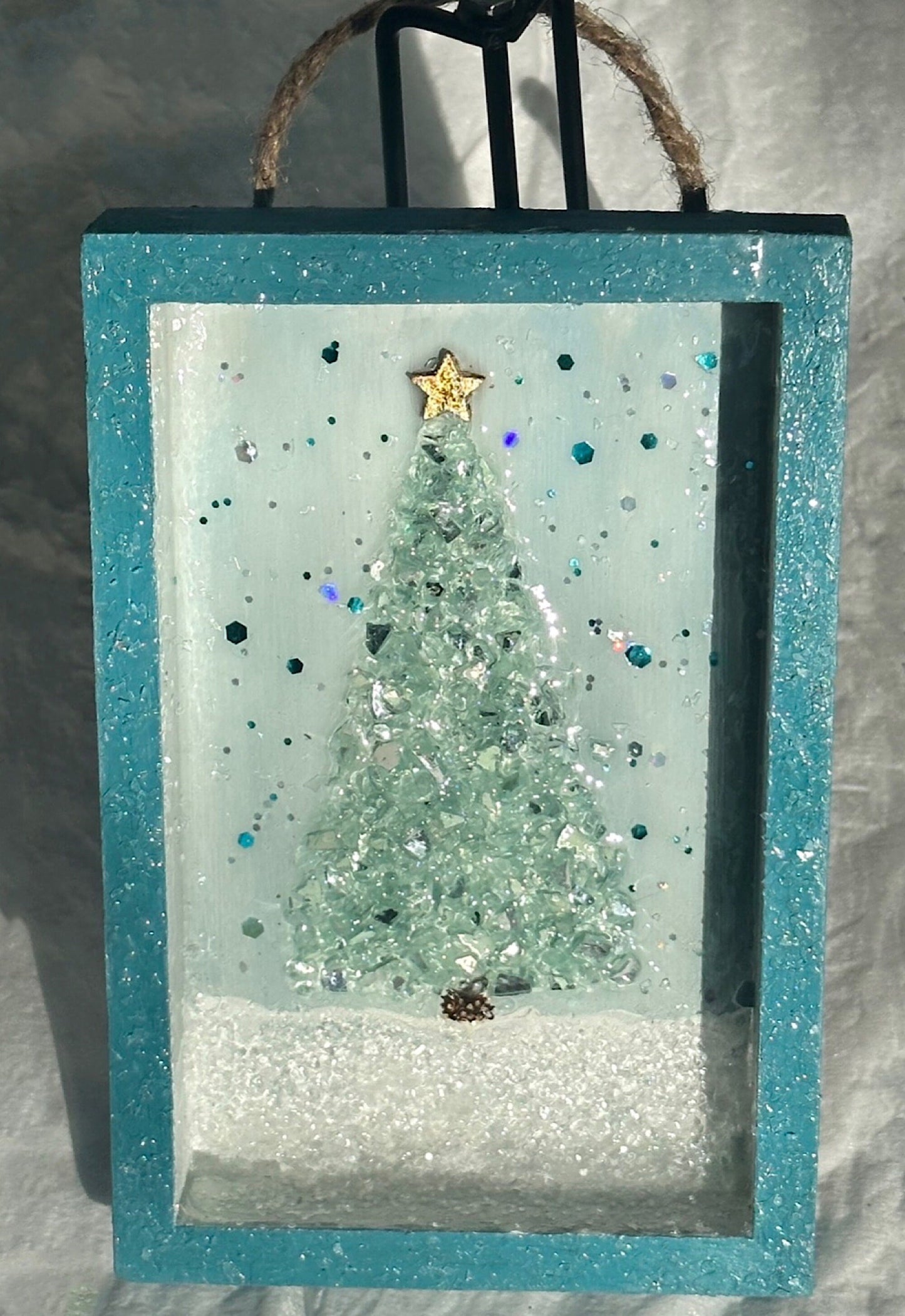 5x4 Wooden Christmas Shadowbox, Glistening Christmas Tree Wall Hanging, Minimalist Ornament, Farmhouse Style Tabletop Framed Holiday Picture