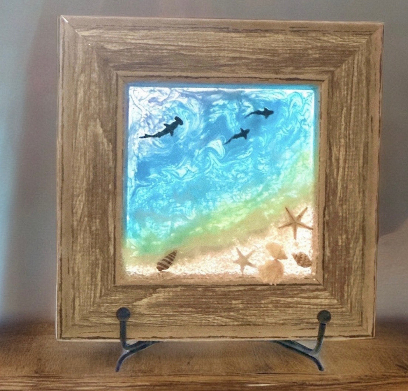 6x6" Mini Beach Art Wood Framed Mixed Media Wall Hanging-Tabletop Decor-Coastal Resin-Hand Crafted Nautical Sunset Picture-Holiday Ornament