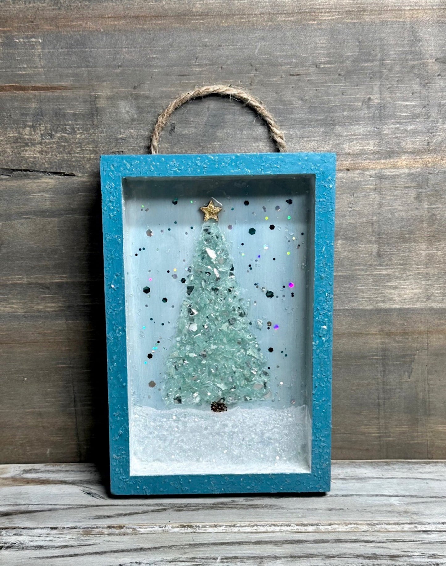 5x4 Wooden Christmas Shadowbox, Glistening Christmas Tree Wall Hanging, Minimalist Ornament, Farmhouse Style Tabletop Framed Holiday Picture