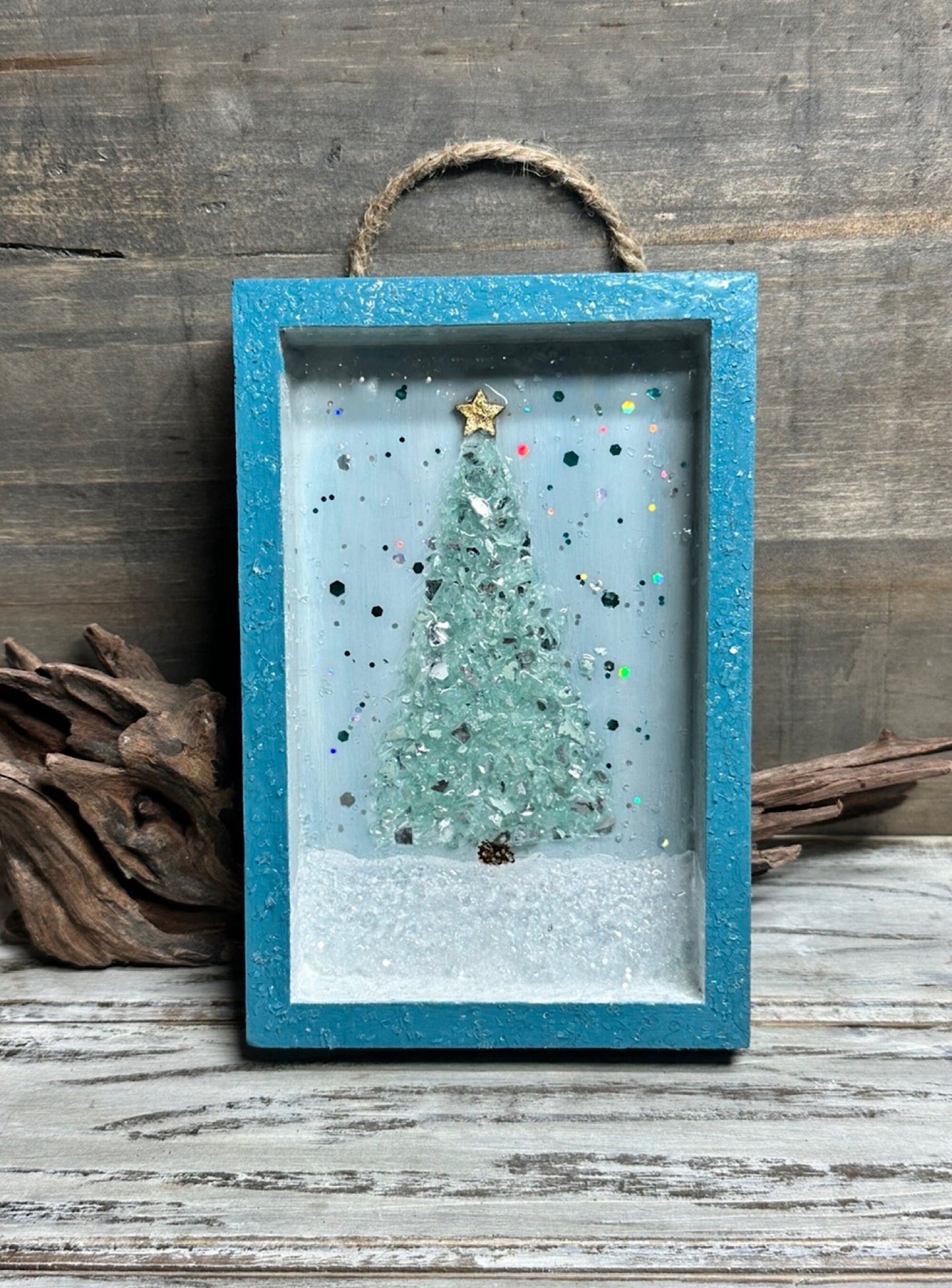 5x4 Wooden Christmas Shadowbox, Glistening Christmas Tree Wall Hanging, Minimalist Ornament, Farmhouse Style Tabletop Framed Holiday Picture