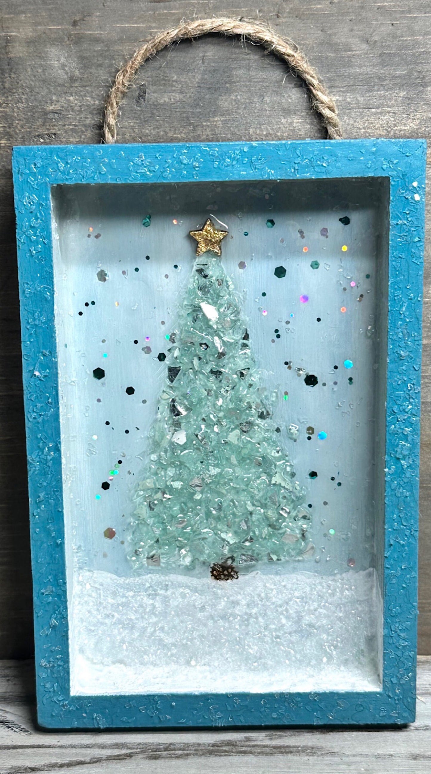 5x4 Wooden Christmas Shadowbox, Glistening Christmas Tree Wall Hanging, Minimalist Ornament, Farmhouse Style Tabletop Framed Holiday Picture