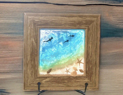 6x6" Mini Beach Art Wood Framed Mixed Media Wall Hanging-Tabletop Decor-Coastal Resin-Hand Crafted Nautical Sunset Picture-Holiday Ornament