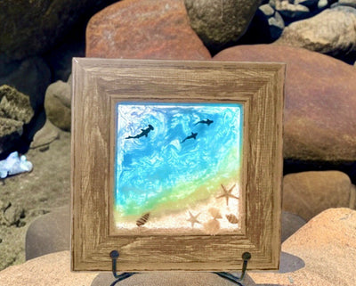 6x6" Mini Beach Art Wood Framed Mixed Media Wall Hanging-Tabletop Decor-Coastal Resin-Hand Crafted Nautical Sunset Picture-Holiday Ornament