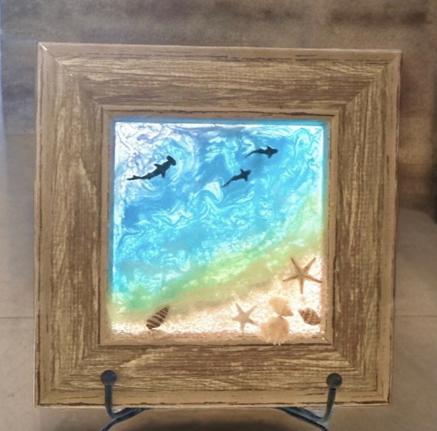 6x6" Mini Beach Art Wood Framed Mixed Media Wall Hanging-Tabletop Decor-Coastal Resin-Hand Crafted Nautical Sunset Picture-Holiday Ornament