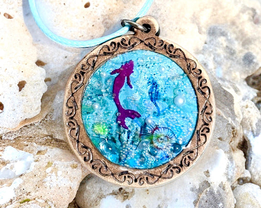 Young & Young at Heart Mermaid Ocean Fantasy Necklace-Beach Lover Unique Sea Blue Paint Skin Background Pendants-Stainless Steel-Wood-Chain