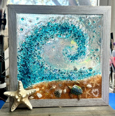 CUSTOM ORDER 9x9” Crushed Glass Framed Beach Wave Resin Wall Hanging, Sand, Shells, and Starfish Nautical Art, Handmade Coastal, USA Made