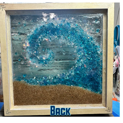 CUSTOM ORDER 9x9” Crushed Glass Framed Beach Wave Resin Wall Hanging, Sand, Shells, and Starfish Nautical Art, Handmade Coastal, USA Made