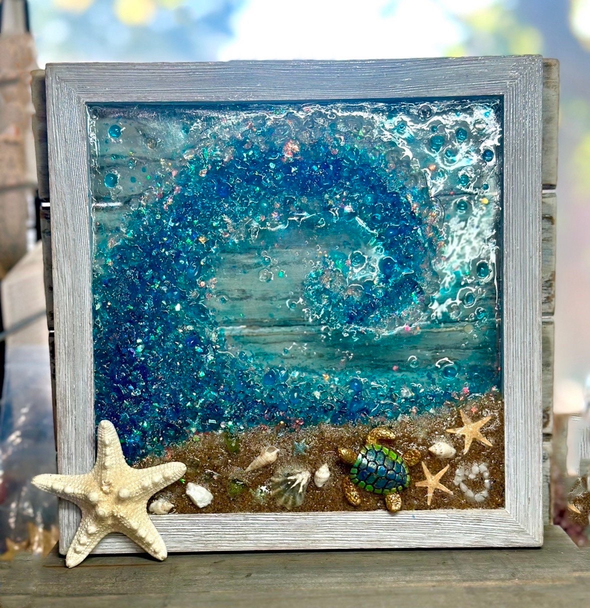 CUSTOM ORDER 9x9” Crushed Glass Framed Beach Wave Resin Wall Hanging, Sand, Shells, and Starfish Nautical Art, Handmade Coastal, USA Made