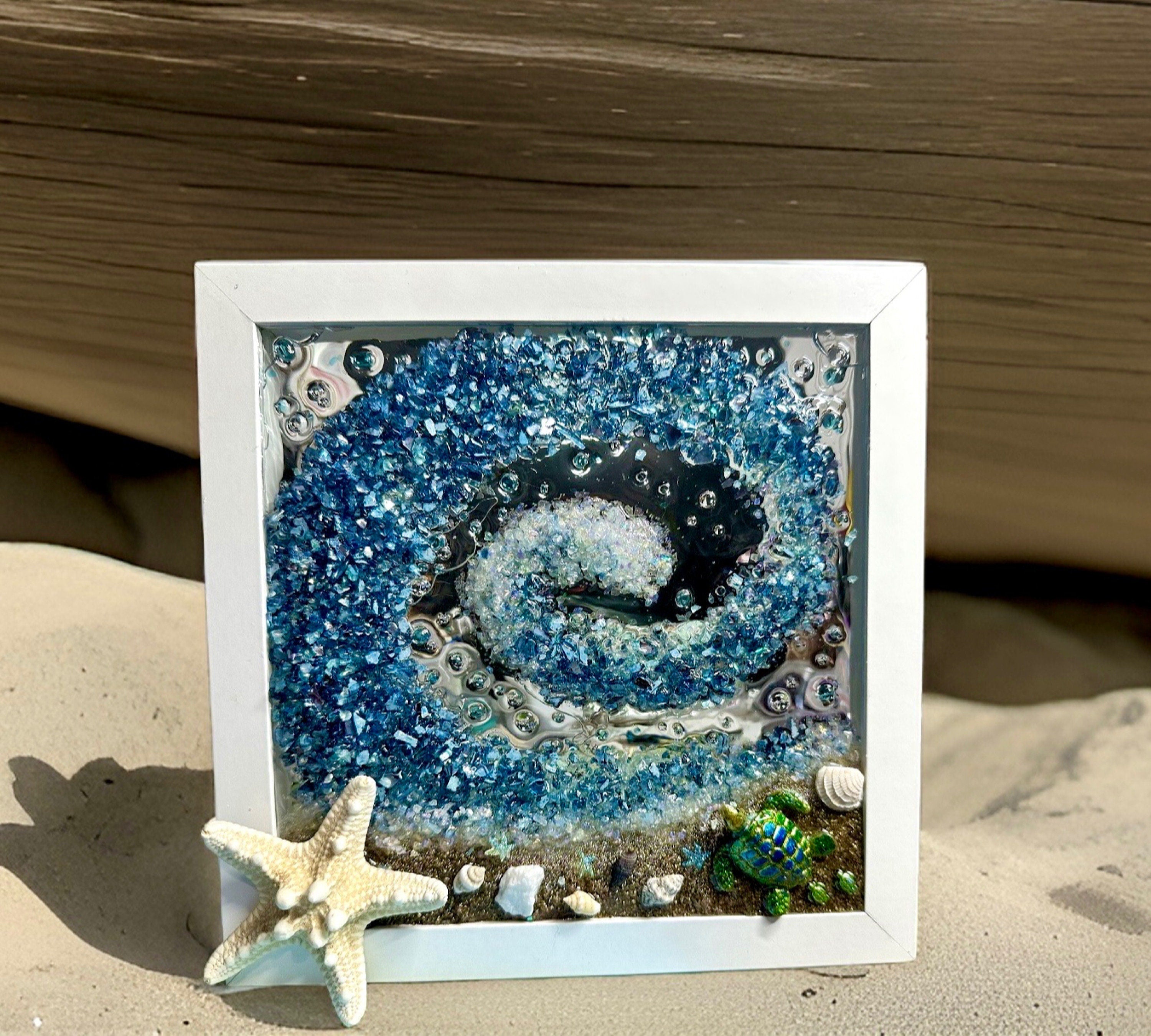 CUSTOM ORDER 9x9” Crushed Glass Framed Beach Wave Resin Wall Hanging, Sand, Shells, and Starfish Nautical Art, Handmade Coastal, USA Made