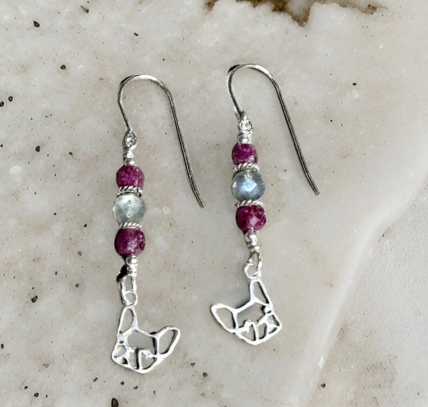 French Bulldog Earrings-.925 Sterling Silver Frenchie Dangles-Ruby & Rainbow Labradorite Gemstone Jewelry