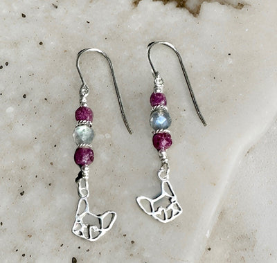 French Bulldog Earrings-.925 Sterling Silver Frenchie Dangles-Ruby & Rainbow Labradorite Gemstone Jewelry