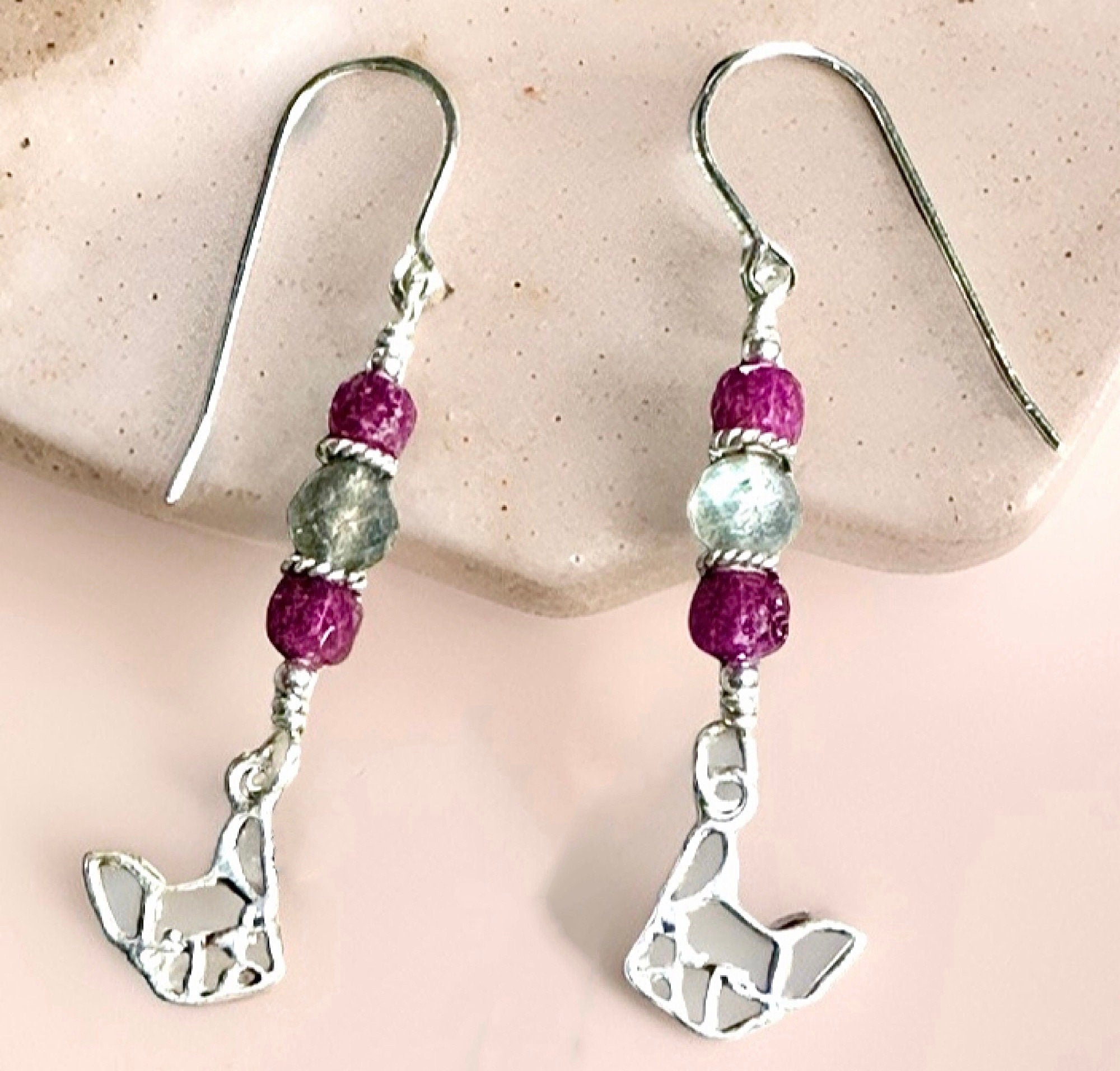 French Bulldog Earrings-.925 Sterling Silver Frenchie Dangles-Ruby & Rainbow Labradorite Gemstone Jewelry