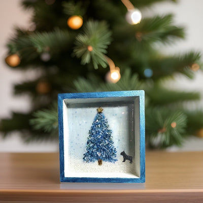 5x5” Wood Shadowbox Winter Scene with French Bulldog-Ornament or Wall Hanging Crushed Glass Christmas Tree with Frenchie-Handmade in MO