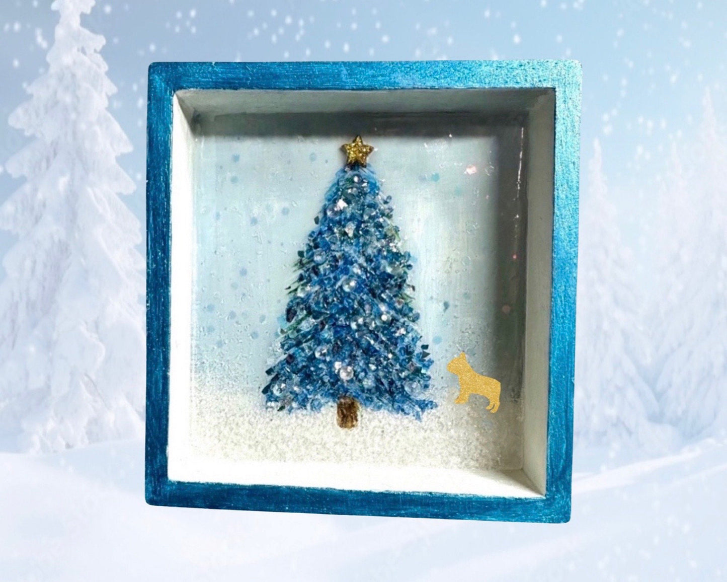 5x5” Wood Shadowbox Winter Scene with French Bulldog-Ornament or Wall Hanging Crushed Glass Christmas Tree with Frenchie-Handmade in MO