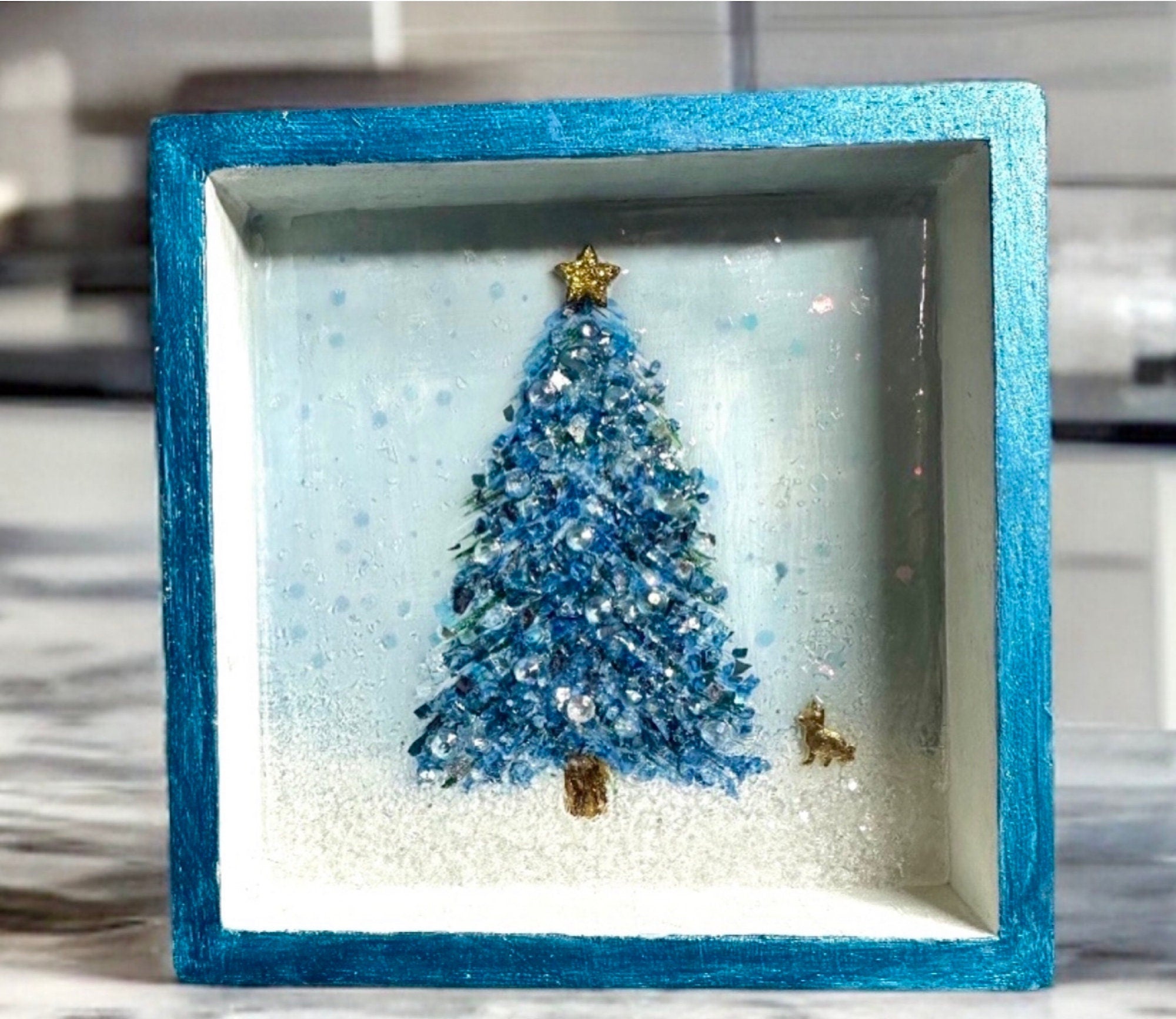 5x5” Wood Shadowbox Winter Scene with French Bulldog-Ornament or Wall Hanging Crushed Glass Christmas Tree with Frenchie-Handmade in MO