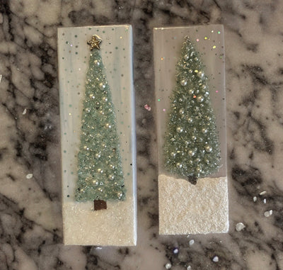 Aqua Green Blue Resin Coated 4x12" Christmas Tree Wall Hanging, Crushed Glass & Tiny Ornaments Bling Mantle Art, Stretched Linen Canvas