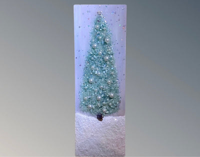 Aqua Green Blue Resin Coated 4x12" Christmas Tree Wall Hanging, Crushed Glass & Tiny Ornaments Bling Mantle Art, Stretched Linen Canvas