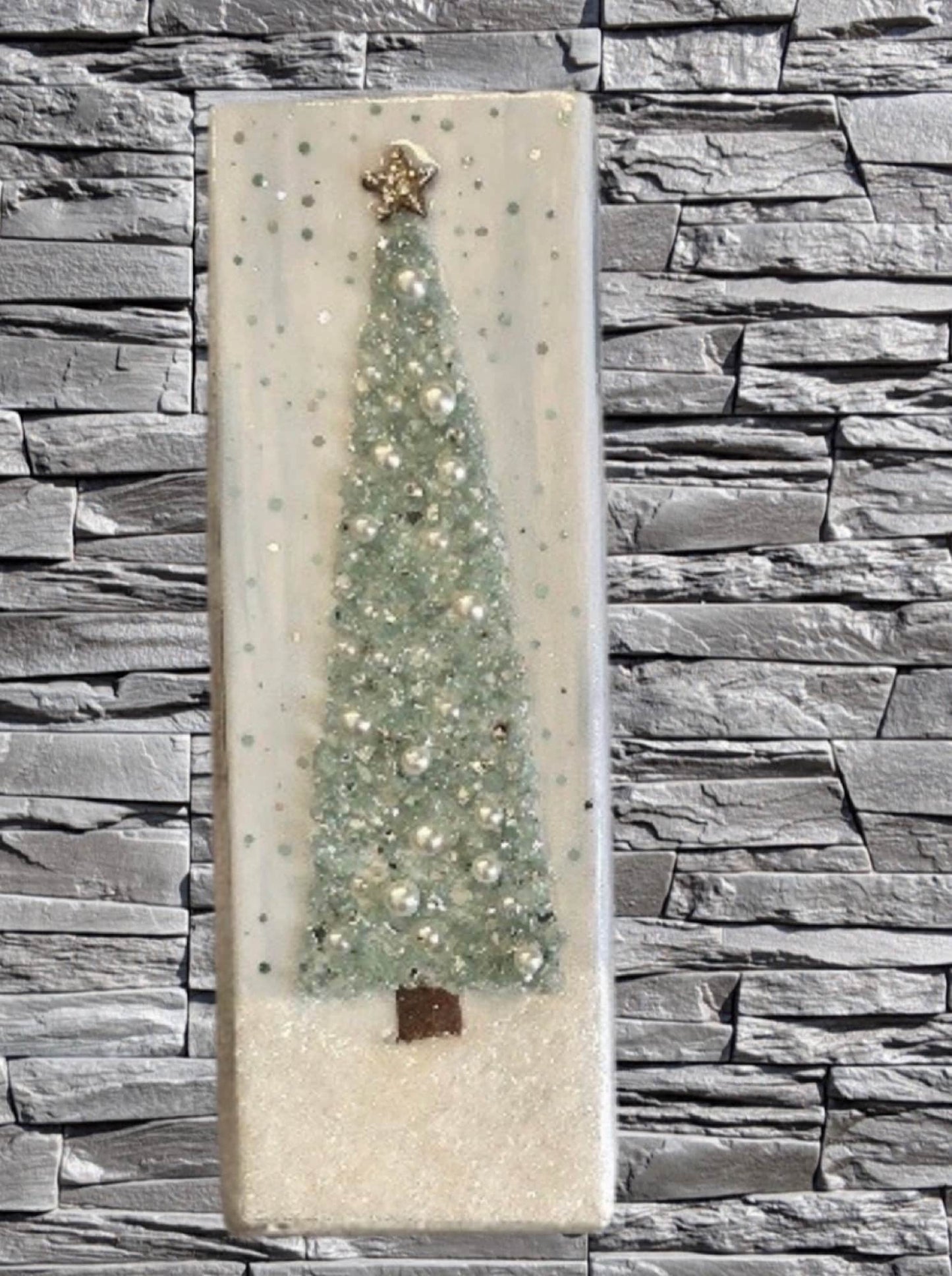 Aqua Green Blue Resin Coated 4x12" Christmas Tree Wall Hanging, Crushed Glass & Tiny Ornaments Bling Mantle Art, Stretched Linen Canvas