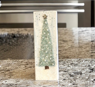 Aqua Green Blue Resin Coated 4x12" Christmas Tree Wall Hanging, Crushed Glass & Tiny Ornaments Bling Mantle Art, Stretched Linen Canvas