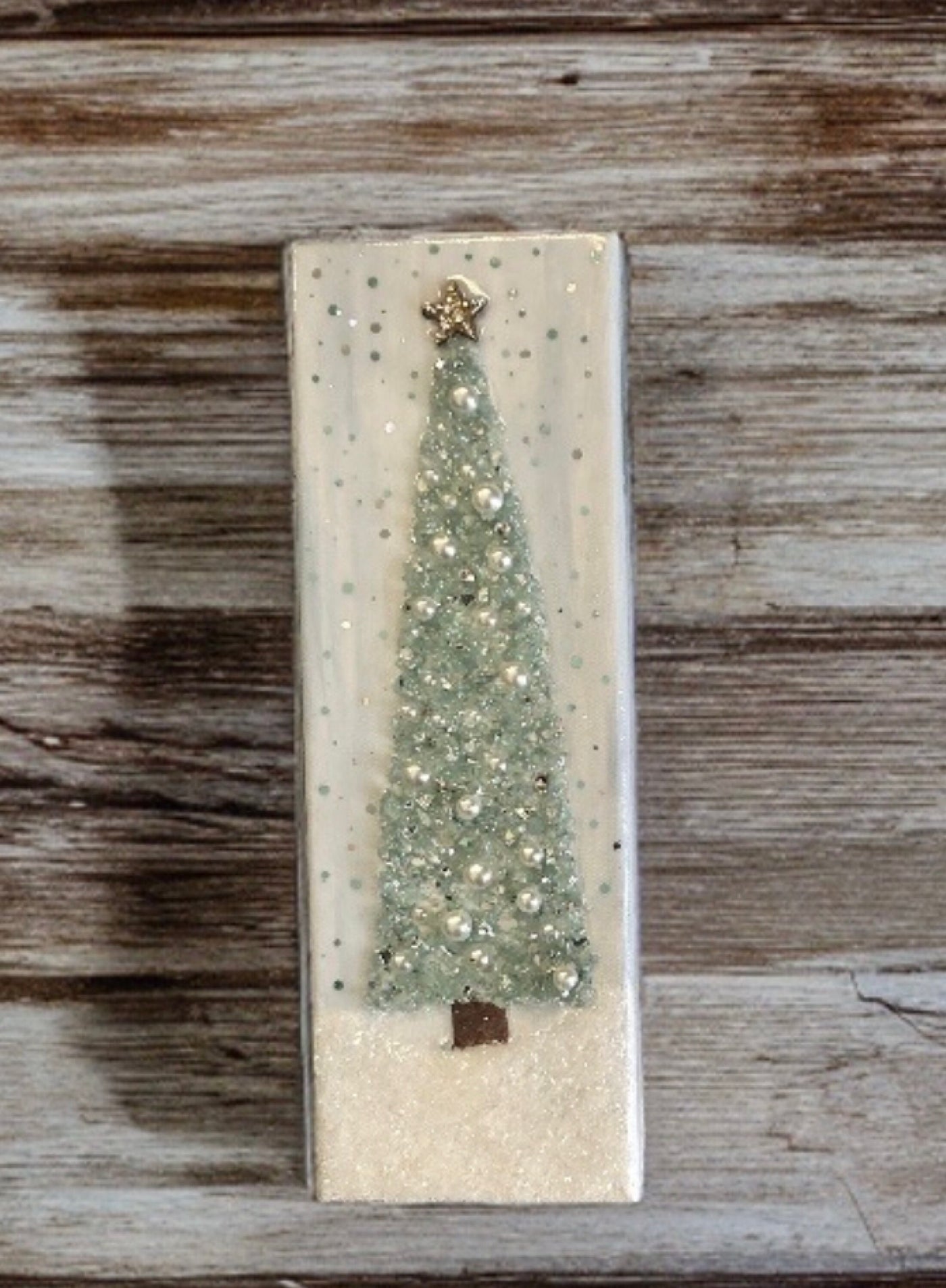 Aqua Green Blue Resin Coated 4x12" Christmas Tree Wall Hanging, Crushed Glass & Tiny Ornaments Bling Mantle Art, Stretched Linen Canvas