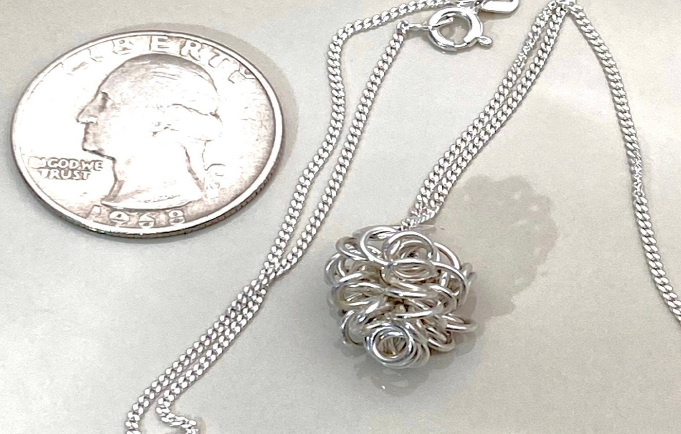 Tangled, Twisted Coiled Confetti Wire Ball .925, Necklace-Argentium Silver (Sterling Silver +)-Minimalist BoHo Trendy Style Pendant