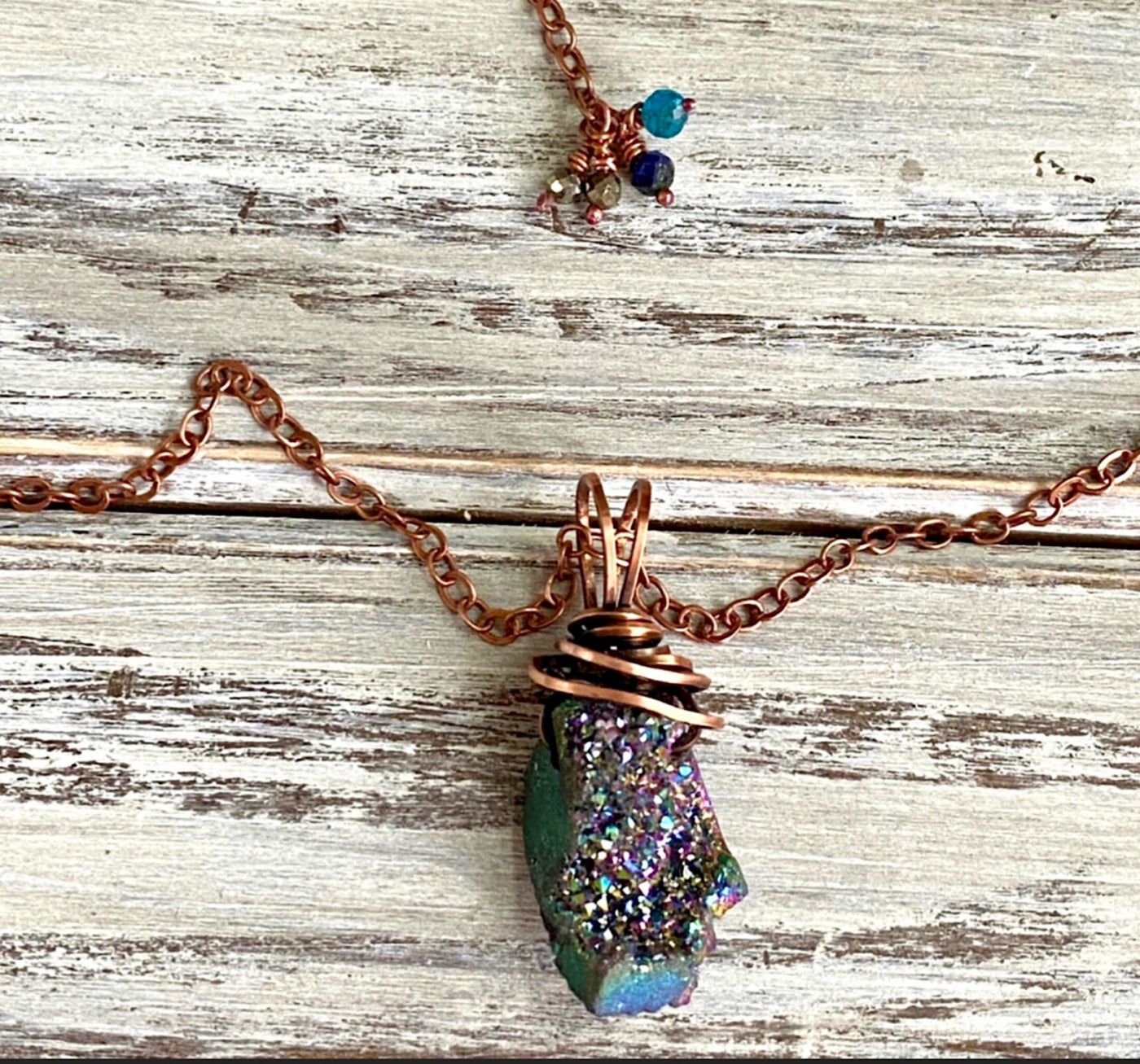 Electroplated Crystal Druzy and Solid Copper Necklace-Hand Crafted-Healing Wrapped Oxydized 99.99% Solid Copper, Recycled Materials-Unisex