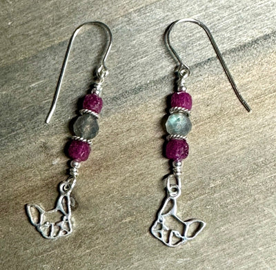 French Bulldog Earrings-.925 Sterling Silver Frenchie Dangles-Ruby & Rainbow Labradorite Gemstone Jewelry