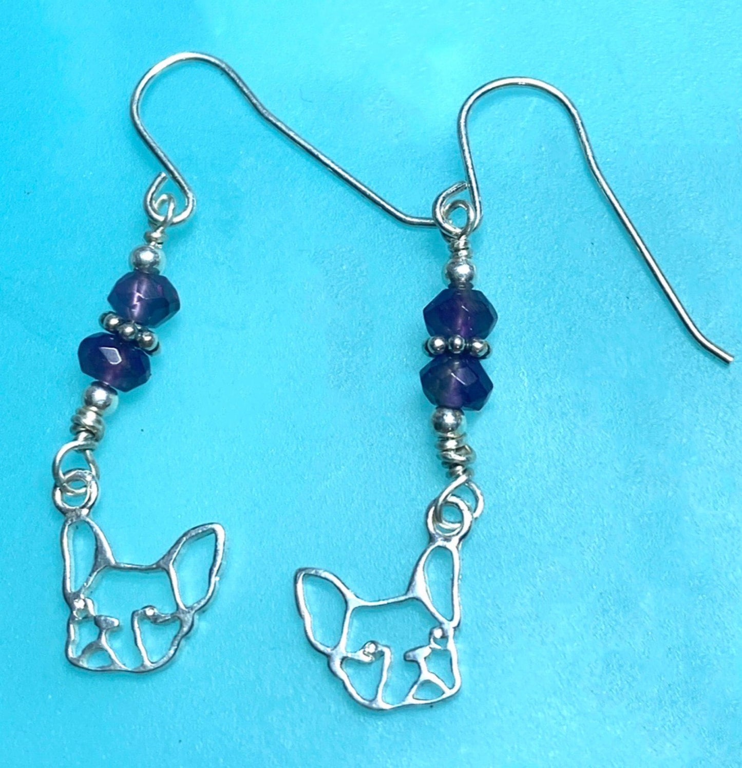 French Bulldog Earrings-.925 Sterling Silver Frenchie Dangles-Vintage Genuine Amethyst Bead Gemstone Jewelry-Handmade in the USA