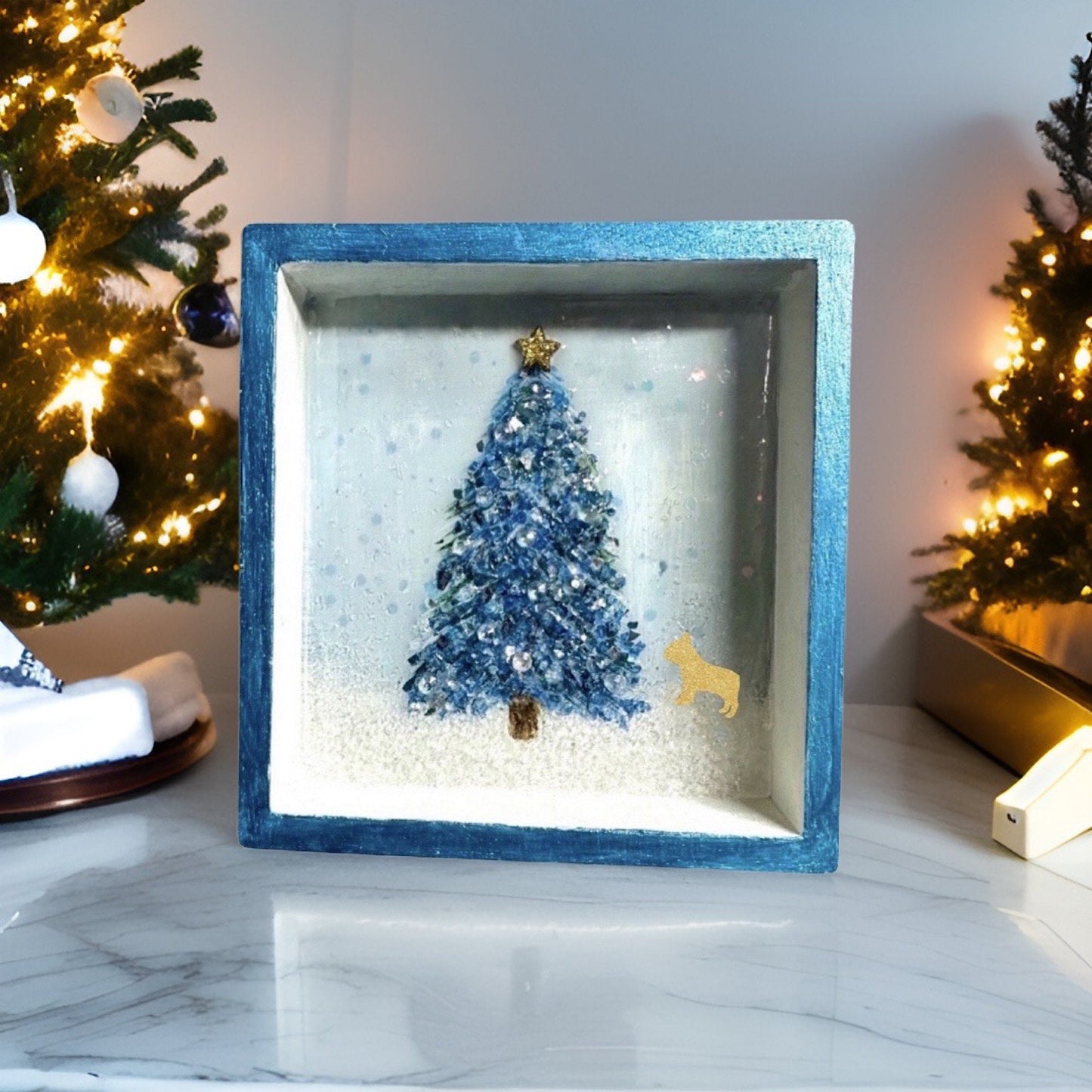 5x5” Wood Shadowbox Winter Scene with French Bulldog-Ornament or Wall Hanging Crushed Glass Christmas Tree with Frenchie-Handmade in MO