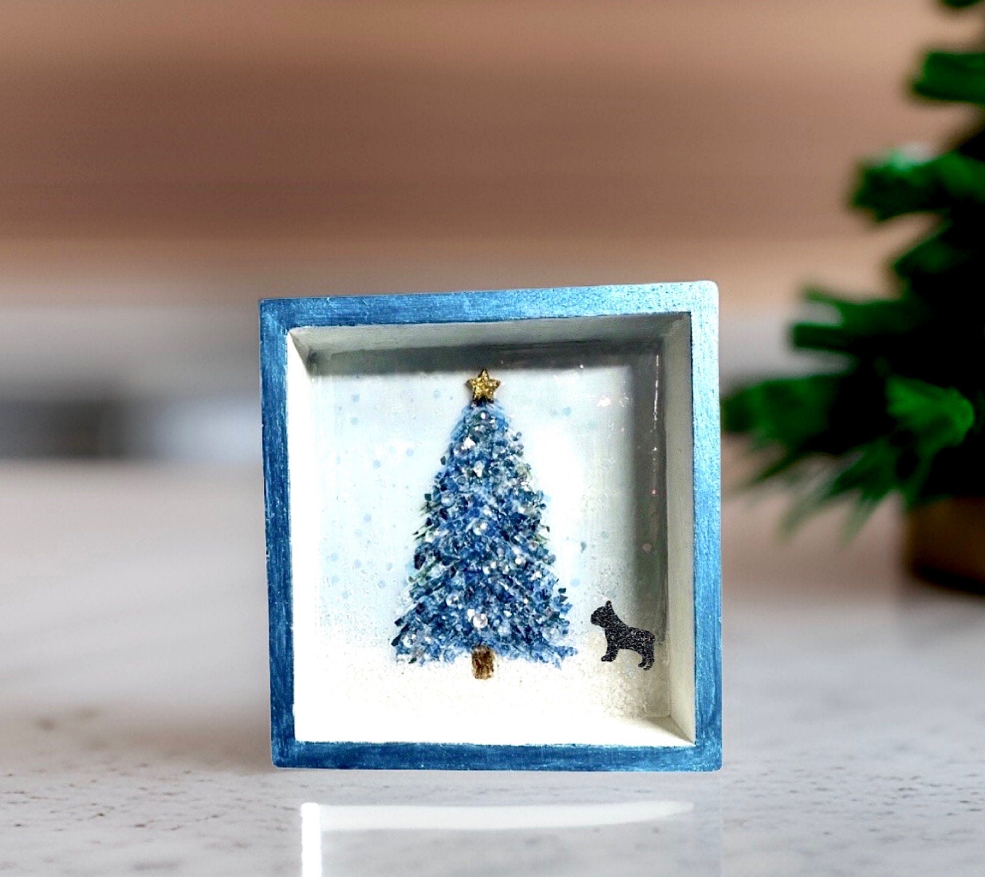 5x5” Wood Shadowbox Winter Scene with French Bulldog-Ornament or Wall Hanging Crushed Glass Christmas Tree with Frenchie-Handmade in MO