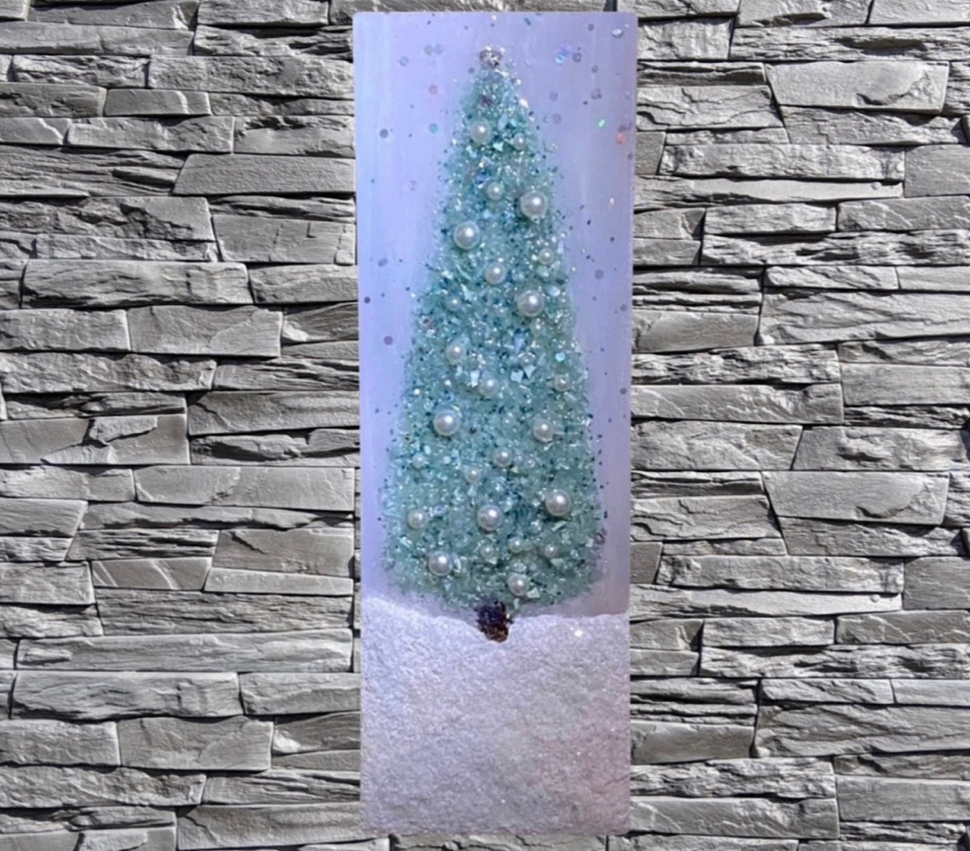 Aqua Green Blue Resin Coated 4x12" Christmas Tree Wall Hanging, Crushed Glass & Tiny Ornaments Bling Mantle Art, Stretched Linen Canvas