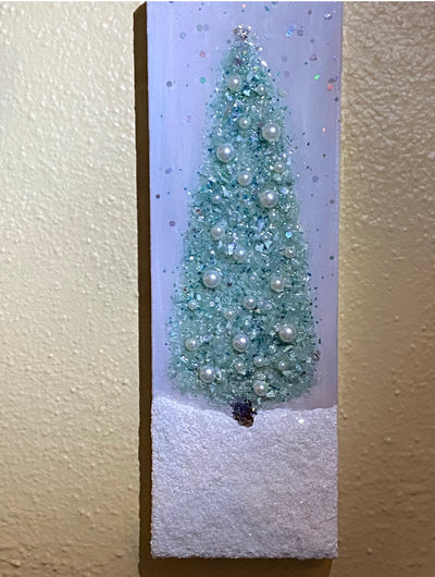 Aqua Green Blue Resin Coated 4x12" Christmas Tree Wall Hanging, Crushed Glass & Tiny Ornaments Bling Mantle Art, Stretched Linen Canvas